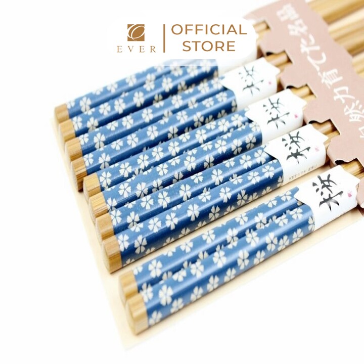 LIVING_Bộ 5 đôi đũa mẫu hoa xanh 22cm